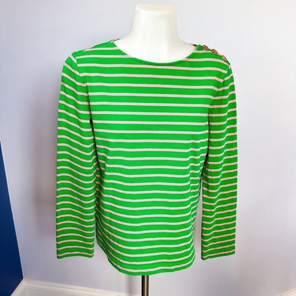TORY BURCH Green Pink Gold Diver Striped Long Sleeve Top Size M - Picture 2 of 7